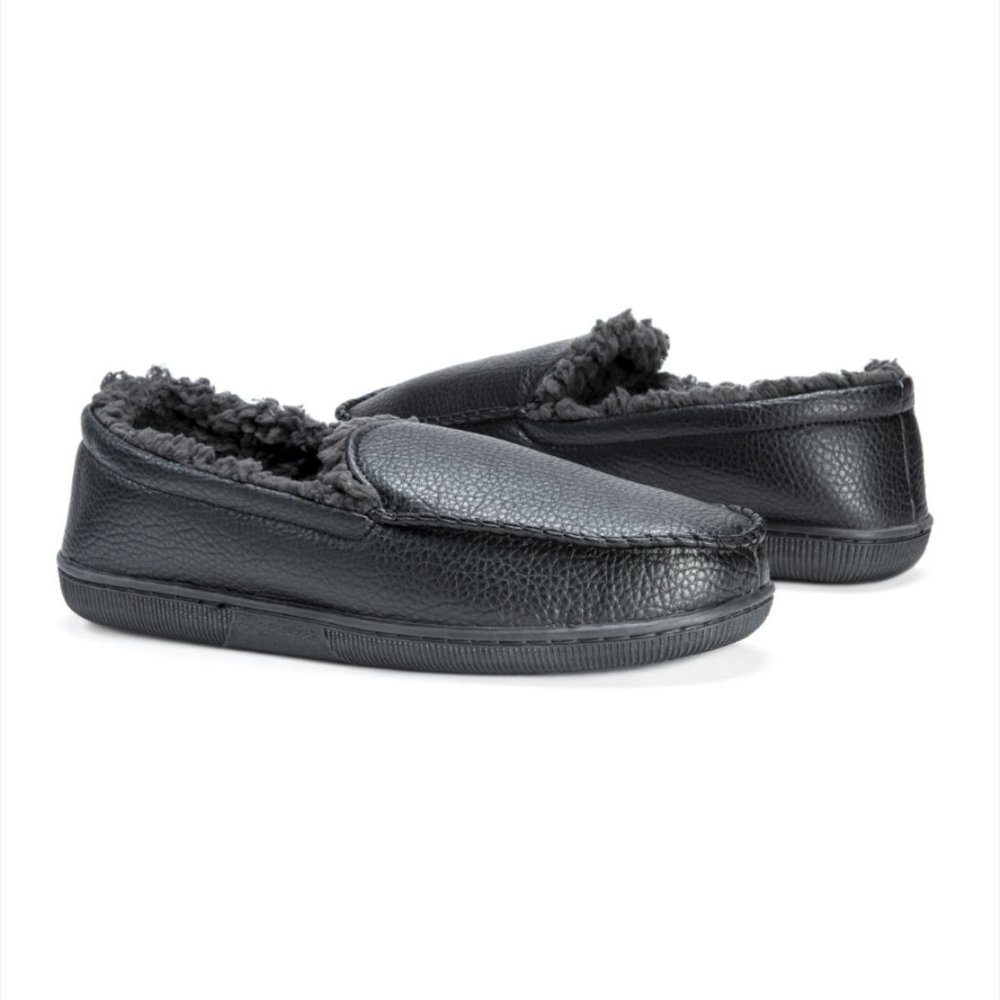 Muk Luks Moccasin Slippers Black Faux Leather Fur